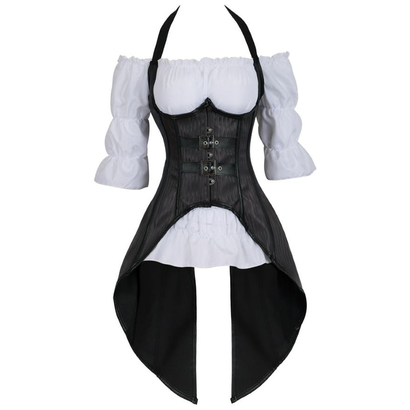 Steampunk Korsett Gestreifte Lange Träger Bustier Weste Top mit Weißer Gothic Bluse Plus Size Burlesque Kostüm Korsett
