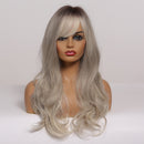 EASIHAIR Grau Ombre Wellige Perücken Lange Synthetische Perücken für Frauen Perücken mit Pony Naturhaarperücken Hitzebeständige Cosplay Perücken