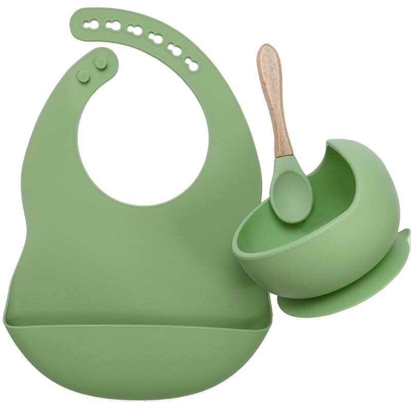 Vajilla de silicona para bebé sin BPA, babero impermeable, toalla Flexible para Saliva, cuenco y cuchara con ventosa de Color sólido para niños