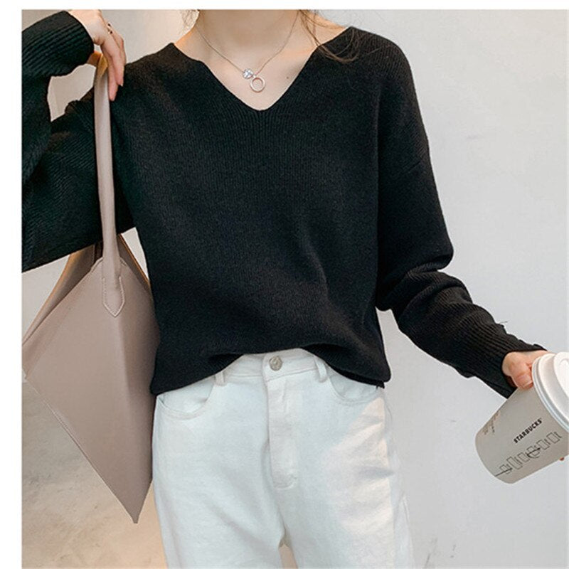 2022 Autumn Spring Women Sweaters Female Tops Knitted Thin Pullover Solid V-neck Loose Elegant Office Lady Casual All Match