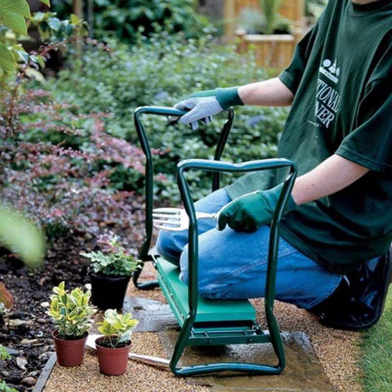 Garten-Kniebank und Sitz, klappbarer Edelstahl-Gartenhocker mit Werkzeugtasche, EVA-Kniepolster, Geschenkartikel für die Gartenarbeit