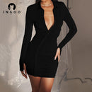 INGOO Plissee Slim Umlegekragen Hemdkleid Damen Casual Langarm Button Up Minikleider Bodycon Solid Elegant Streetwear