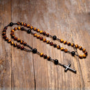 Natural Tiger Eye Stone Catholic Christ Rosary Necklaces For Women Men Hematite Cross Pendant Mala Jewelry