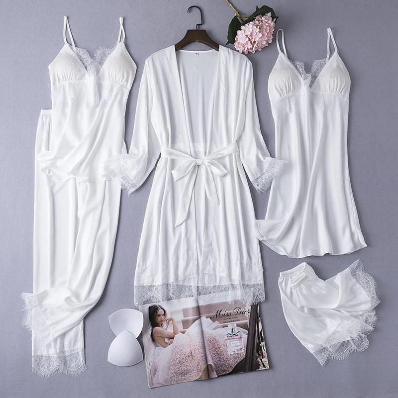 Satin Lady Robes Suit Sexy Kimono Bathrobe Gown Full Slip Lace Nightwear With Strap Nightgown Lingerie Summer Sleepwear With Bow