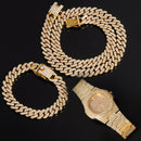 Halskette + Uhr + Armband Hip Hop Miami Curb Kubanische Kette Goldfarbe Iced Out Gepflasterte Strasssteine ​​CZ Bling Rapper Für Herrenschmuck
