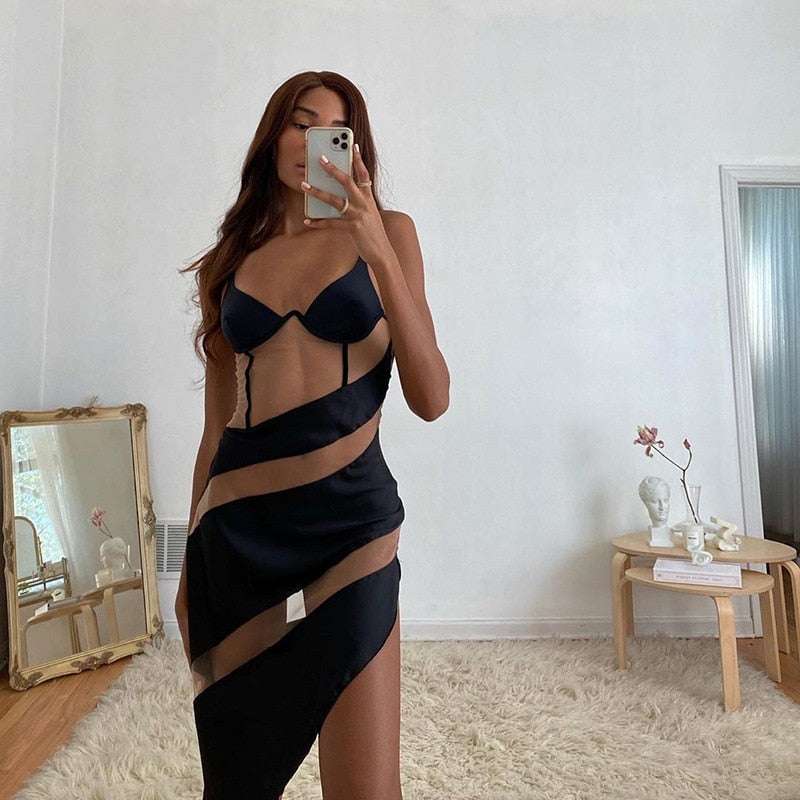 Cryptographic Fashion Stripe Mesh Sheer Midi Dress Straps 2020 otoño sin espalda sin mangas vestidos de mujer Split cuello en V vestido negro