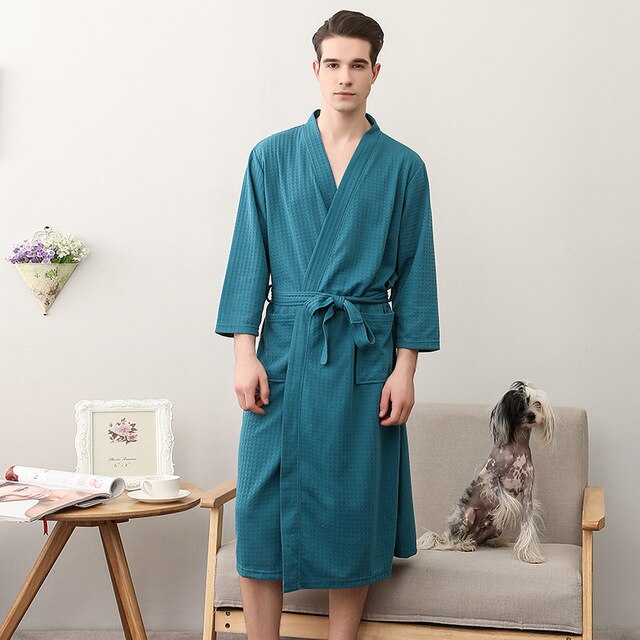 Frauen Sommer 2021 Langer Weicher Bademantel Pyjama Kimono Solide Waffel Bademantel Mit Schärpen Morgenmantel Nachtwäsche Weibliche Homewear