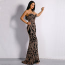 2021 Sexy Retro-Geometrie trägerloses Stretch-Paillettenkleid Meerjungfrau bodenlanges Futter figurbetontes goldenes rückenfreies silbernes Partykleid