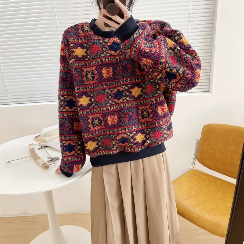 GEMUTLICH Over Size Women Print Hoodies Vintage Casual Pullover O-Neck Sweatshirt Autumn Winter Loose Top