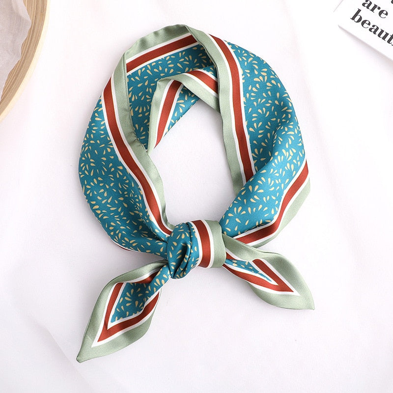 Sweet Love Print Women Small Silk Scarf Handle Bag Ribbons Female Head Scarves Sharp angle Green  90*10cm