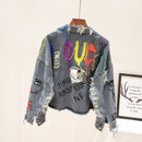 2022 Frühling Herbst Neue Frauen Street Fashion Graffiti Jeansjacke Weibliche Persönlichkeit Kurze Raw Cut Niet Jacke Fringe Jean Mantel
