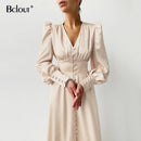 Bclout, elegante vestido camisero de satén con una sola botonadura, moda Beige, ajustado, cuello en V, vestidos largos para mujer, manga larga, bata de otoño e invierno