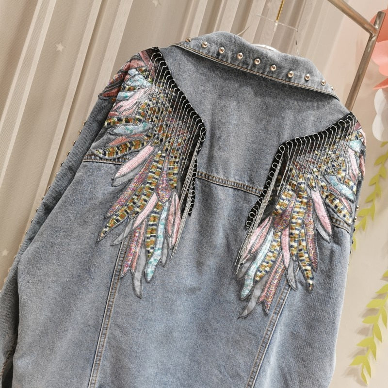 Rivet Wings Punk Coats Damen Casual Bestickte Jeansjacke 2021 Sprint Short Denim Coat Jacken für Damen Langarm