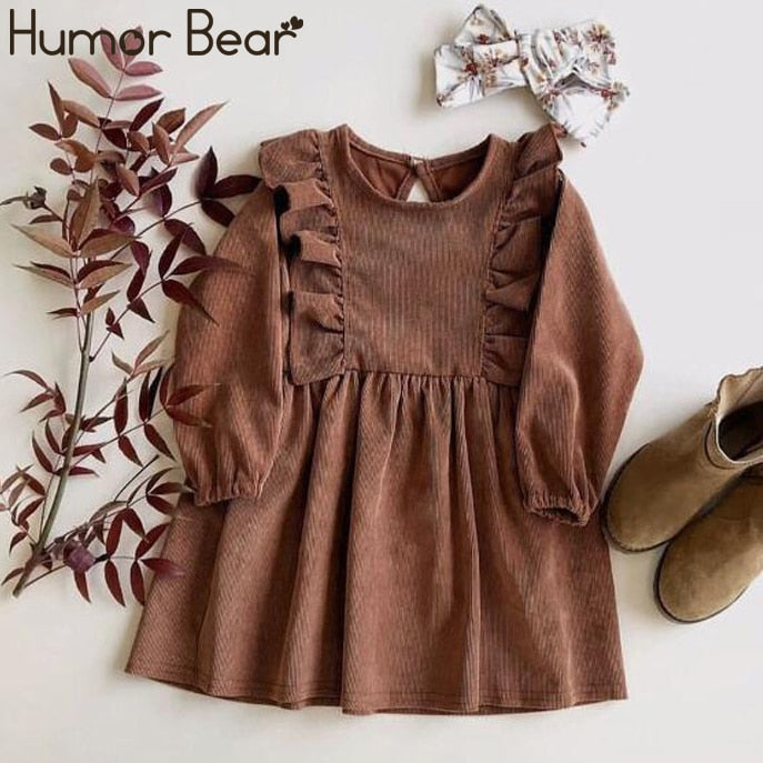 Humor Bear Autumn Winter Toddler Girl Dress Long Sleeve Cotton Ruffles Princess Dress Kids Corduroy Pleated Fashion Baby Dress