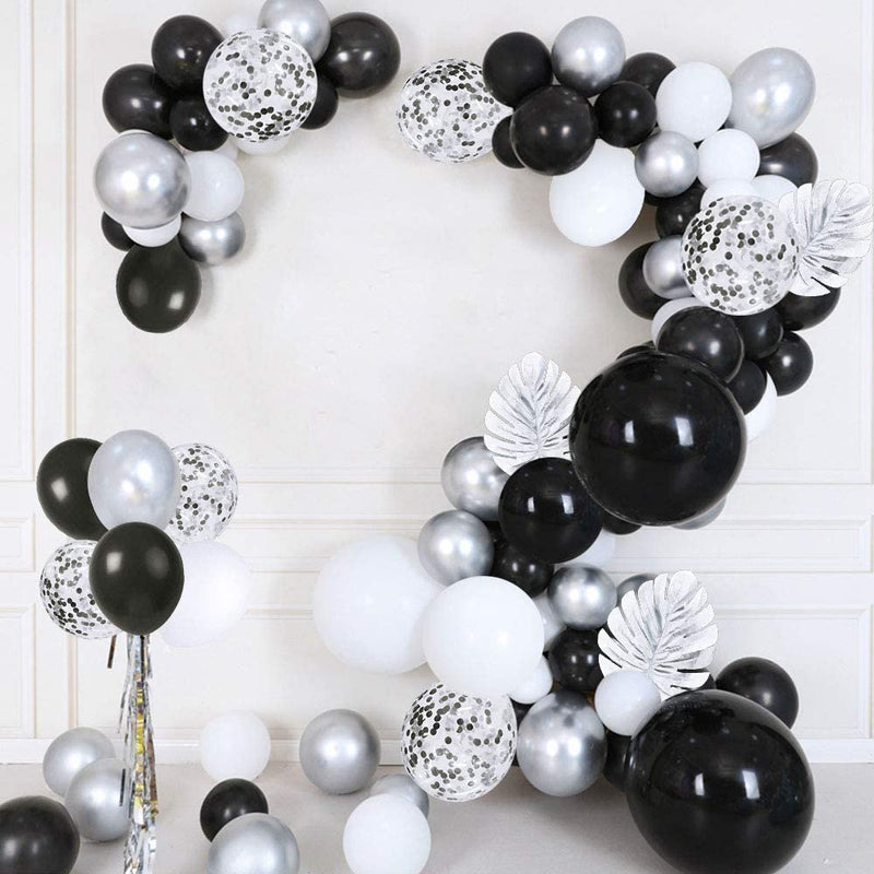 Kit de arco de guirnalda de globos, juego de decoración de cumpleaños de 100 piezas con globos plateados metálicos, blancos, negros y confeti más plata Pa