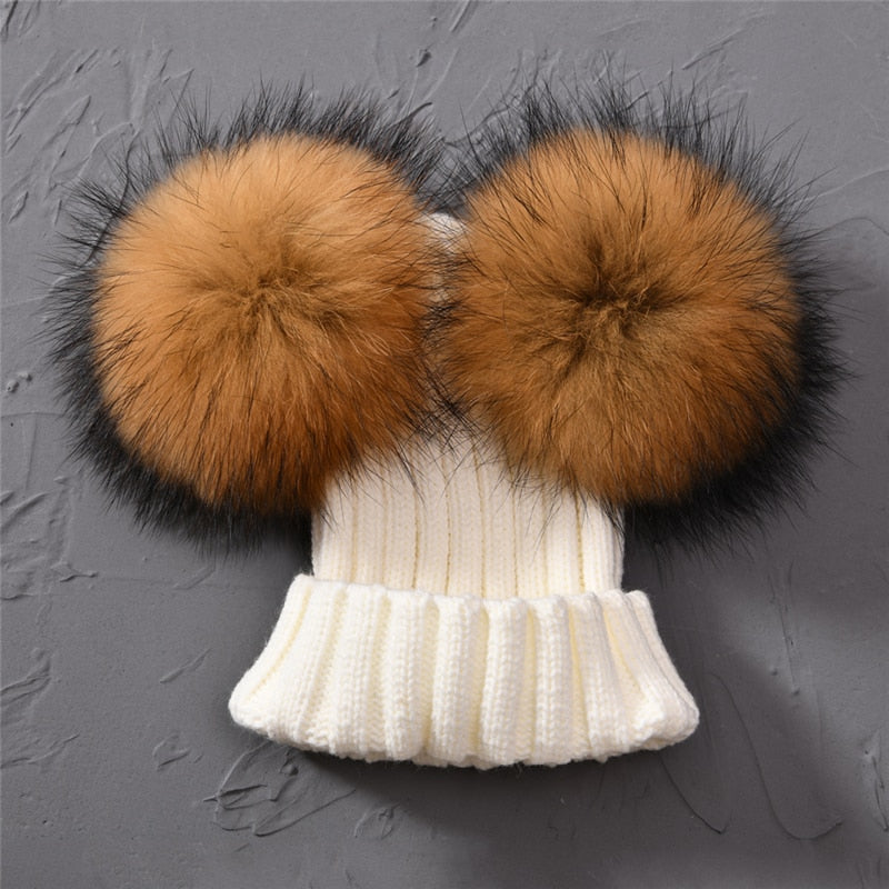 Winter-Baby-Strickmütze mit zwei Pelzbommeln Junge Mädchen Natürliche Pelzknäuel-Mütze Kinderkappen Doppelte Echtpelz-Pom Pom-Mütze für Kinder