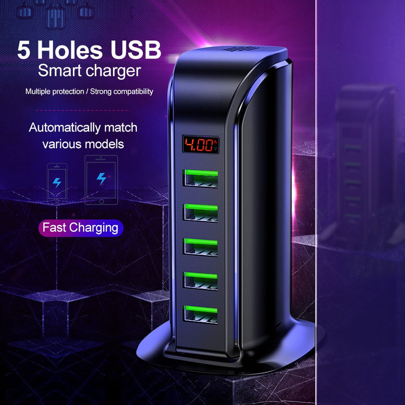 Elough 5-Port-USB-Ladegerät HUB LED-Anzeige Multi-USB-Ladestation Dock Universal-Handy-Desktop-Wand-Heim EU-US-UK-Stecker