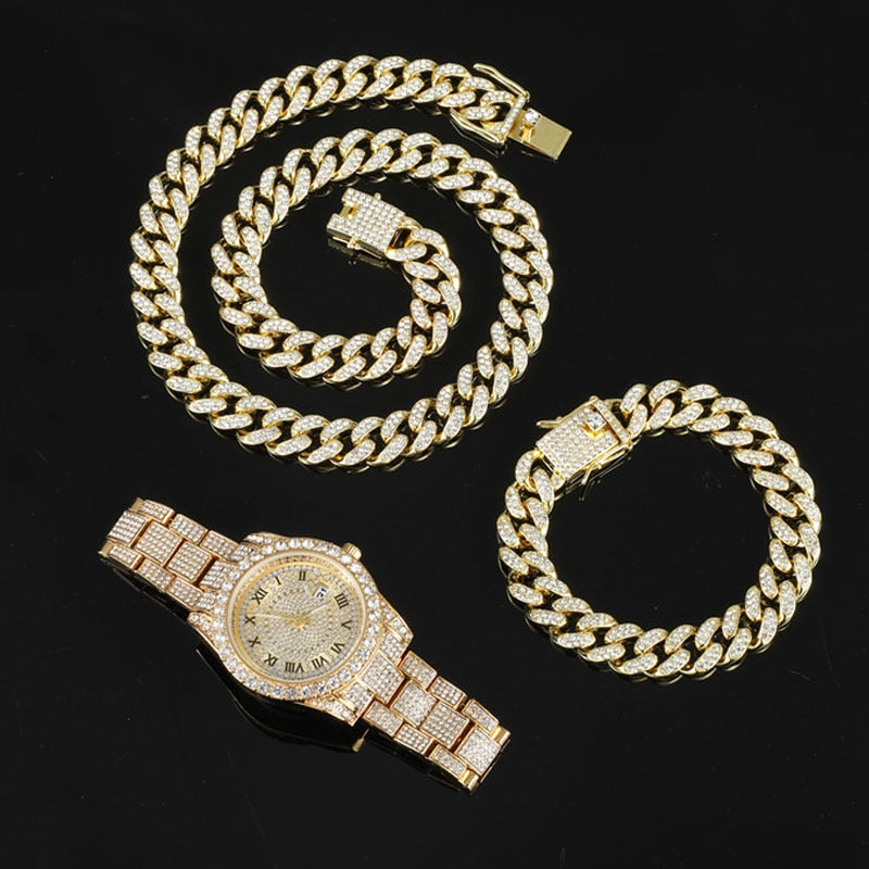 Hip Hop 13MM 3PCS KIT Reloj + Collar + Pulsera Bling Crystal AAA + Iced Out Cadena cubana Cadenas de diamantes de imitación para Mujeres Hombres Joyería