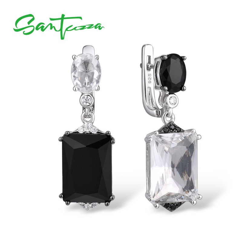 SANTUZZA Silver Earrings For Women Pure 925 Sterling Silver Sparkling White Black Crystal Drop Earrings Stunning Fine Jewelry