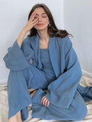 100% Baumwolle Damen Nachthemd Robe Pyjama Sets Flare Nachthemd Hosenanzüge Tropfenärmel Set Frau 2 Stück Bademantel für Frauen