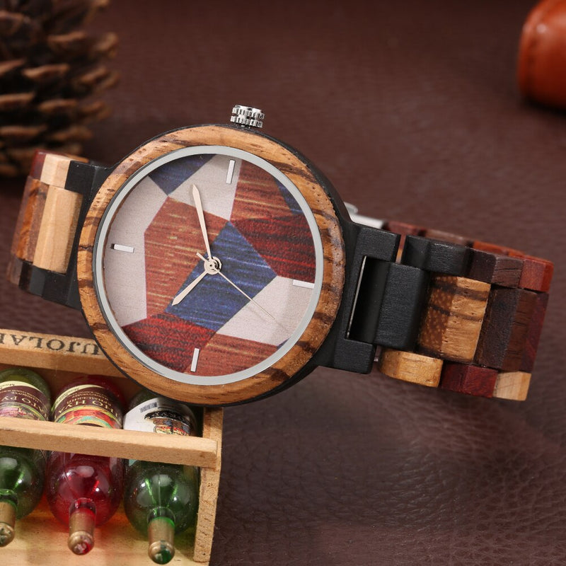 Einzigartige unregelmäßige Geometrie, Spleißen, Muster, Holzuhr, Herrenuhr, verstellbar, Mischfarbe, Retro-Armbanduhr aus Holz, Uhren Hombre