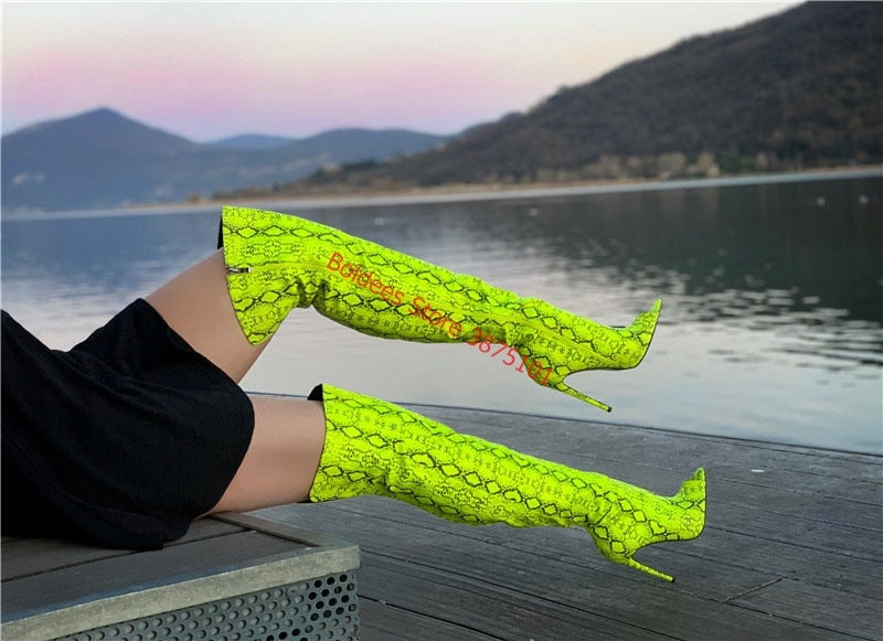 Women's Over The Knee Boots Yellow Snake Peep Toe Spring Boots Skin Print Pattern Stiletto Fashion Party High Boots