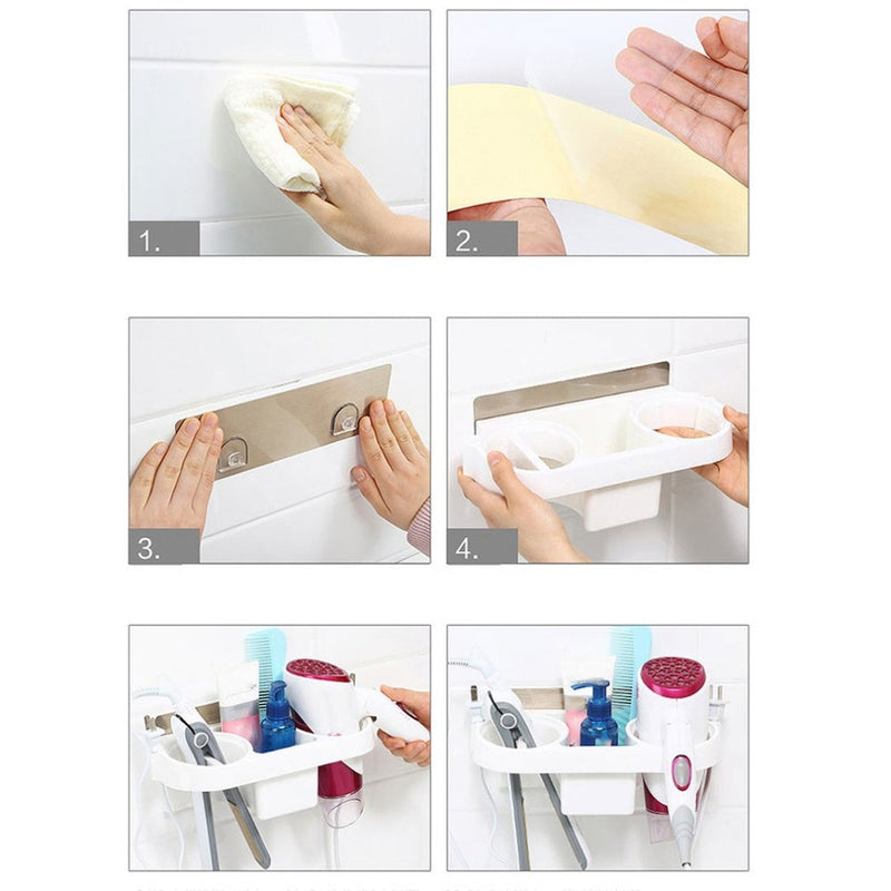 Multifunktions-Badezimmer-Aufbewahrung, Haartrocknerhalter, Dusch-Organizer, selbstklebendes, an der Wand befestigtes Kunststoffregal, Shampoo-Glätteisen