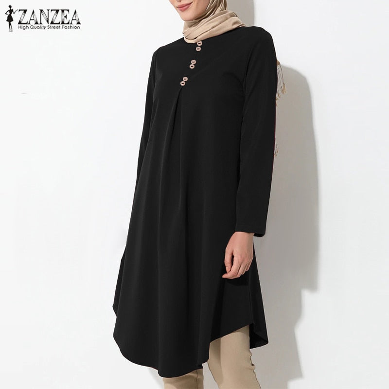 Women's Asymmetrical Blouse ZANZEA 2022 Vintage Muslim Long Shirt Casual Long Sleeve Blusas Female Button Tops  Tunic