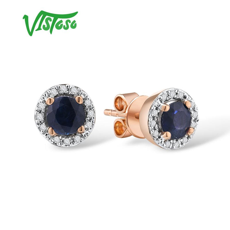 VISTOSO pendientes de oro para mujer genuino 14K 585 oro rosa amarillo redondo 4mm esmeralda azul zafiro rubí pendientes de tuerca joyería fina