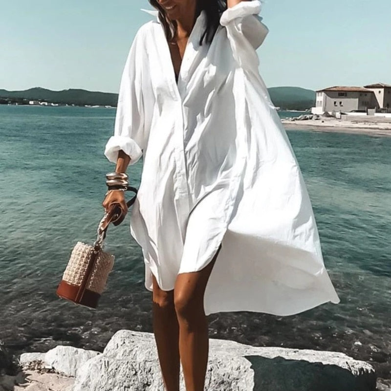 Vestidos de verano 2021 para mujer, vestido informal con estampado de cuello vuelto, camisa de manga larga, vestido holgado de gran tamaño para fiesta en la playa, bata, blusa