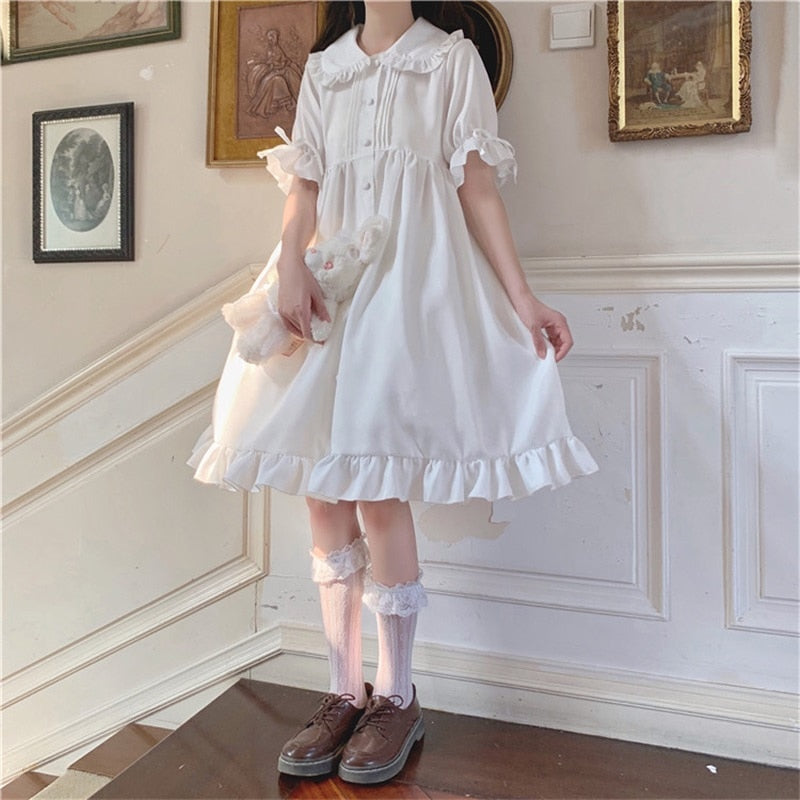 Japanisches süßes Mädchen Lolita Drees Kawaii Peter Pan Kragen süße Rüschen Puffärmel Drees einfarbige elegante Retro Lady Drees