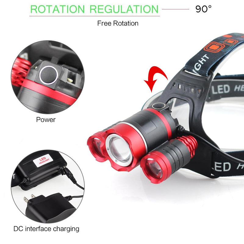 3 Led Headlamp Rechargeable XM-L T6 Headlight light Lantern Head Lamp Flashlight zoomable 18650 Battery Hunting fishing lighting