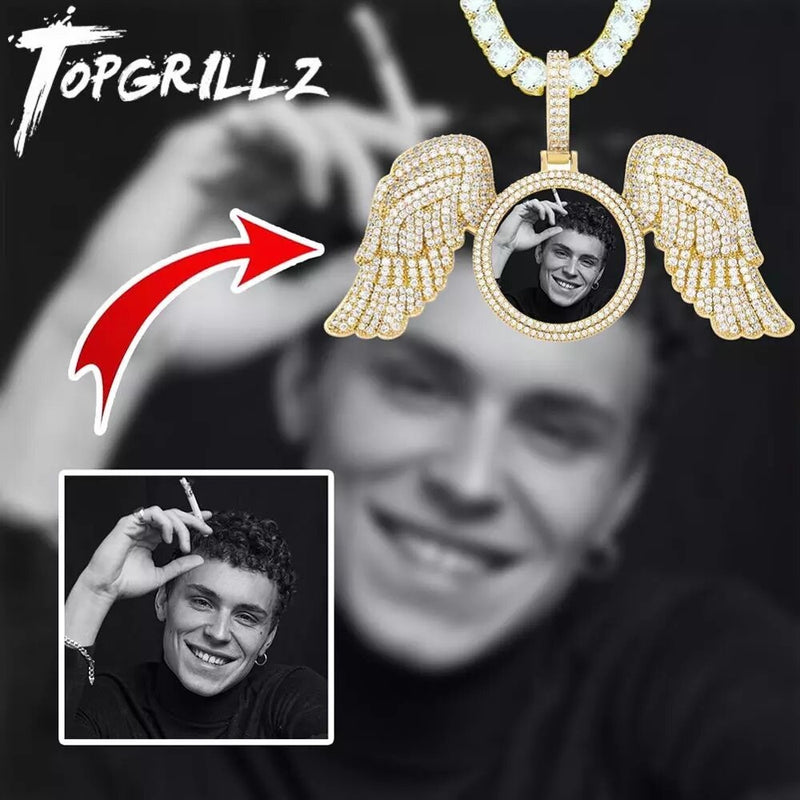 TOPGRILLZ New Angel Wings Custom Photo Medallion Pendant And Necklace Iced Out  Cubic Zirconia Pendant Hip Hop Jewelry Gift
