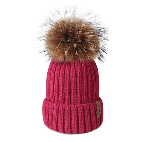 Furtalk Real Fur pompom Beanie Hat Women Winter Knitted Hat Warm Real Big Raccoon Pom Pom Hat  for Female