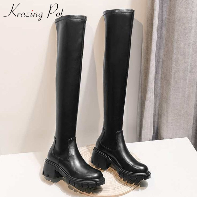 Krazing Pot Big Size Cow Leather Stretch Over-the-knee Boots Platform Round Toe High Heels Winter Women Warm Thigh High Boots