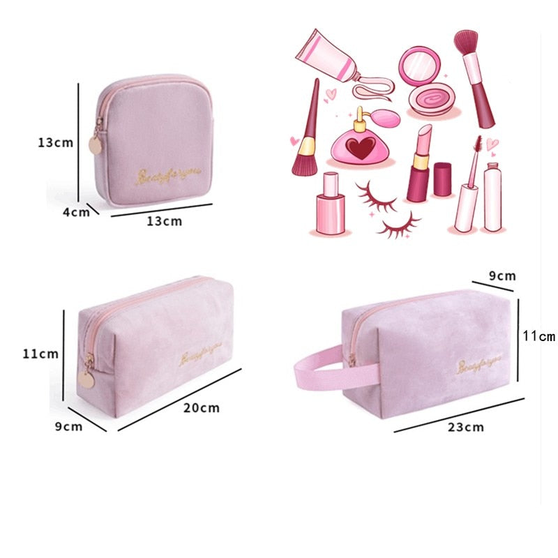 PURDORED 3 Pcs/set Velvet Cosmetic Bag Set Solid Women Makeup Bag Organizer Travel Toiletry Wash Bag Kit Neceser Kosmetyczka