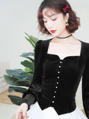 2021 Frühling Herbst Vintage Damen Square Kragen Laterne Ärmel Weinrot Schwarz Samt Top Bluse, Damen Velours Tops und Blusen