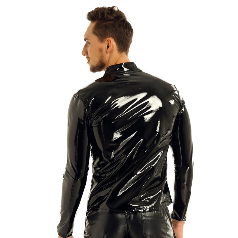 iiniim Herren Shiny Metallic Long Sleeve Front-Zip Stehkragen Tops Wet Look Lackleder Night Clubwear Shirt Top Performance