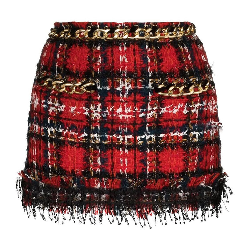 Red Plaid Tweed Skirt Spring Autumn 2021 New Chain Tassel New Designer Gold Lion Button Pencil Mini Women&