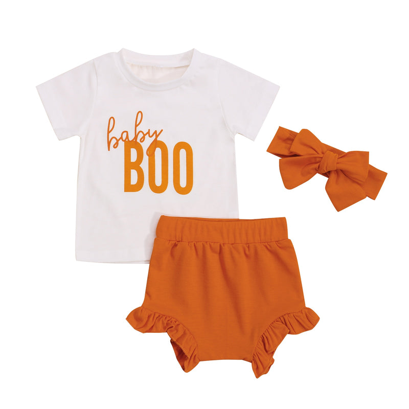 2021-06-04 Lioraitiin 0-3Years Toddler Baby Girl 3Pcs Halloween Outfits Short Sleeve Letter Print Tops Ruffle Shorts Headband