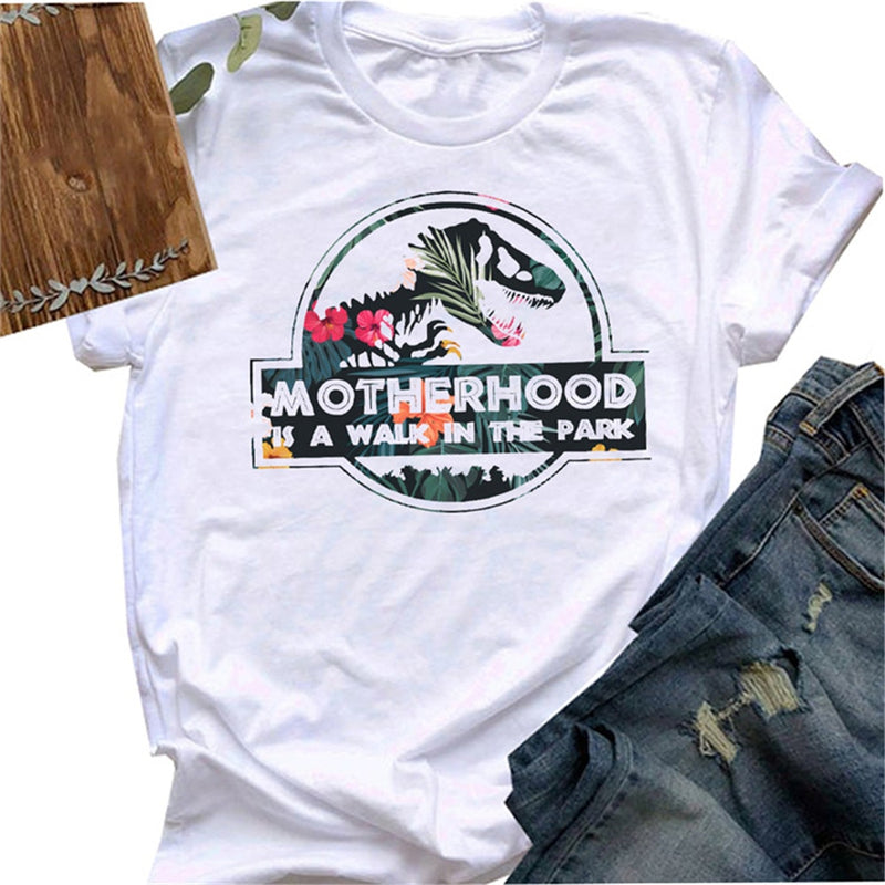 MOTHERHOOD IS A WALK IN THE PARK Letter Harajuku Print Women T shirt Cute Dinosaur Head Graphic Tshirt Female Vintage T-shirt