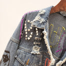 2022 Frühling Herbst Neue Frauen Street Fashion Graffiti Jeansjacke Weibliche Persönlichkeit Kurze Raw Cut Niet Jacke Fringe Jean Mantel