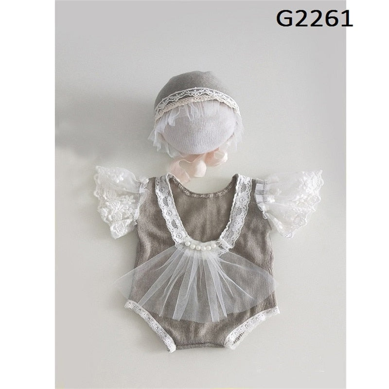 Newborn Photography Props Hat Baby Lace Romper Bodysuits Outfit Photography Girl Dress Photo Shoot Costume