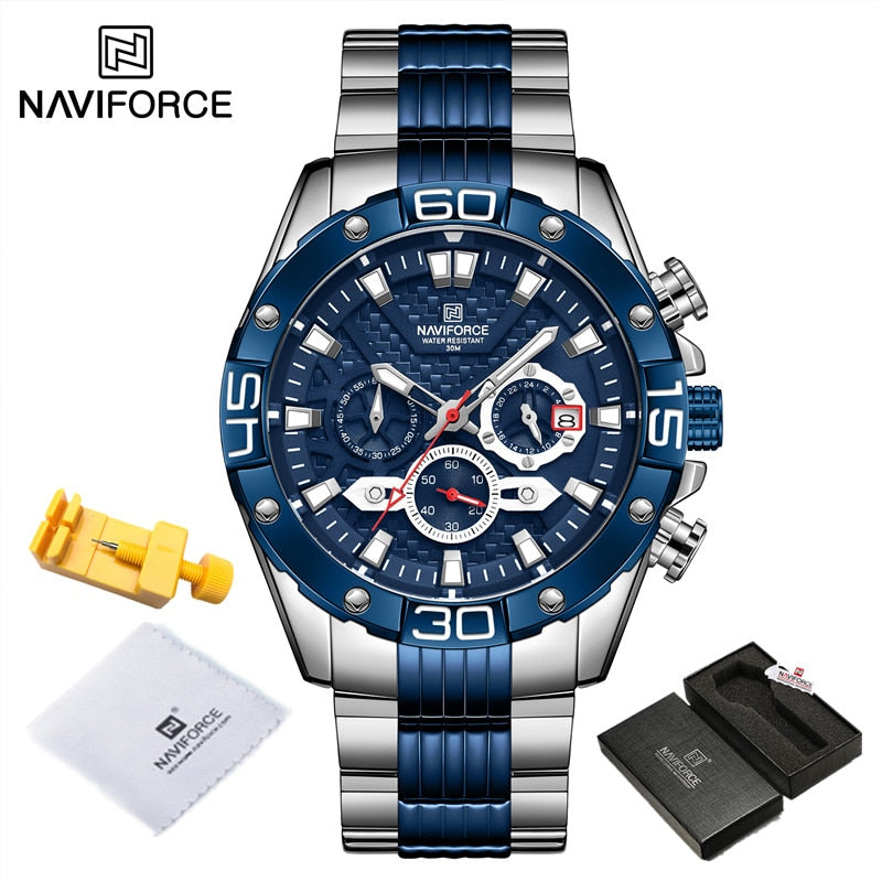 NAVIFORCE Modeuhren für Herren Luxus Original Classic Quarzuhr Analog Chronograph Sport Wasserdicht Stahlband Armbanduhr