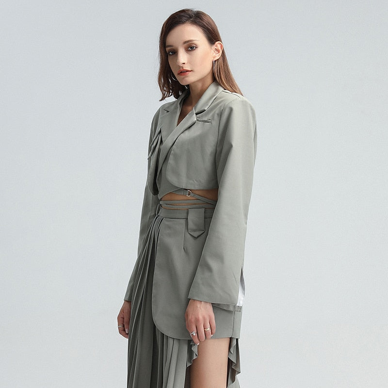 TWOTWINSTYLE Patchwork Bandage Blazer For Women Notched Collar Long Sleeve Hollow Out Plus Size Coat Female 2022 Korean Clothing