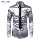 2 uds camisa de seda plateada + corbata para hombre satén suave esmoquin camisas Casual botón abajo hombres vestido camisas boda fiesta graduación Chemise Homme
