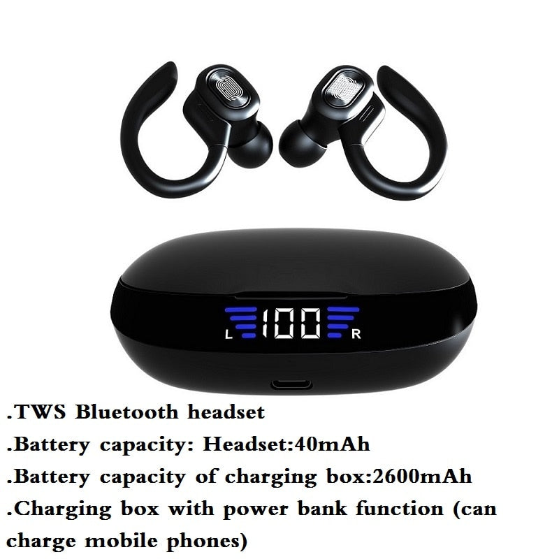 TWS Bluetooth Earphones With Microphones Sport Ear Hook LED Display Wireless Headphones HiFi Stereo Earbuds Waterproof Headsets