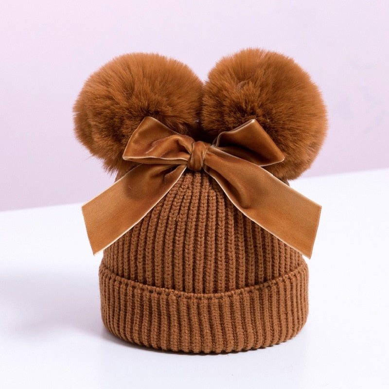 Winter Double Pompom Knitted Hat For Kids Girls Warm Thick Baby Caps With Bow Children&