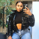 Fashion Cute Women Bright PU Pink Puffer Jacket Winter Warm Bubble Coats Shiny Leather Parkas Down Zipper Cropped Jackets Parkas