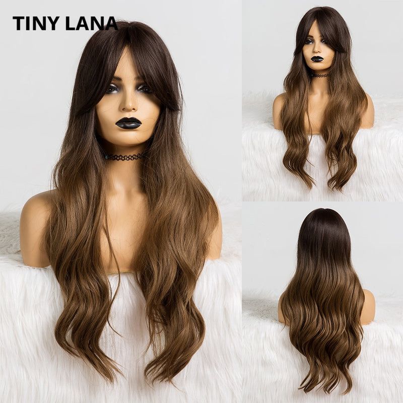 TINY LANA sintético largo Ombre pelucas onduladas marrón Rubio parte media pelucas de Cosplay con flequillo para mujeres pelucas de pelo largo pelo falso